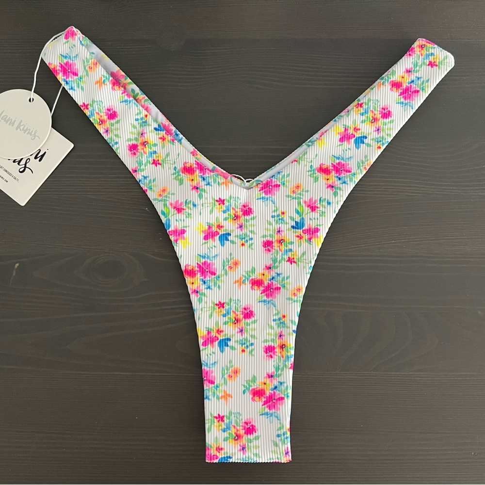 Kulani Kinis White Floral Ribbed Bikini Bottom with Pink & Blue Flowers